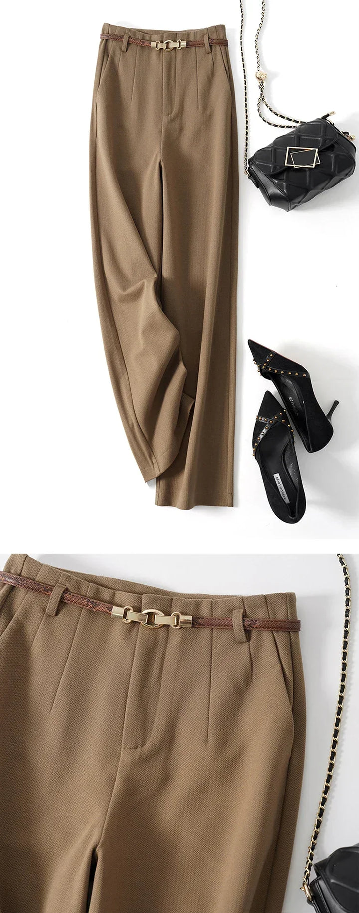 Women's high-waist wide-leg wool blend trousers, ideal for business casual or formal events