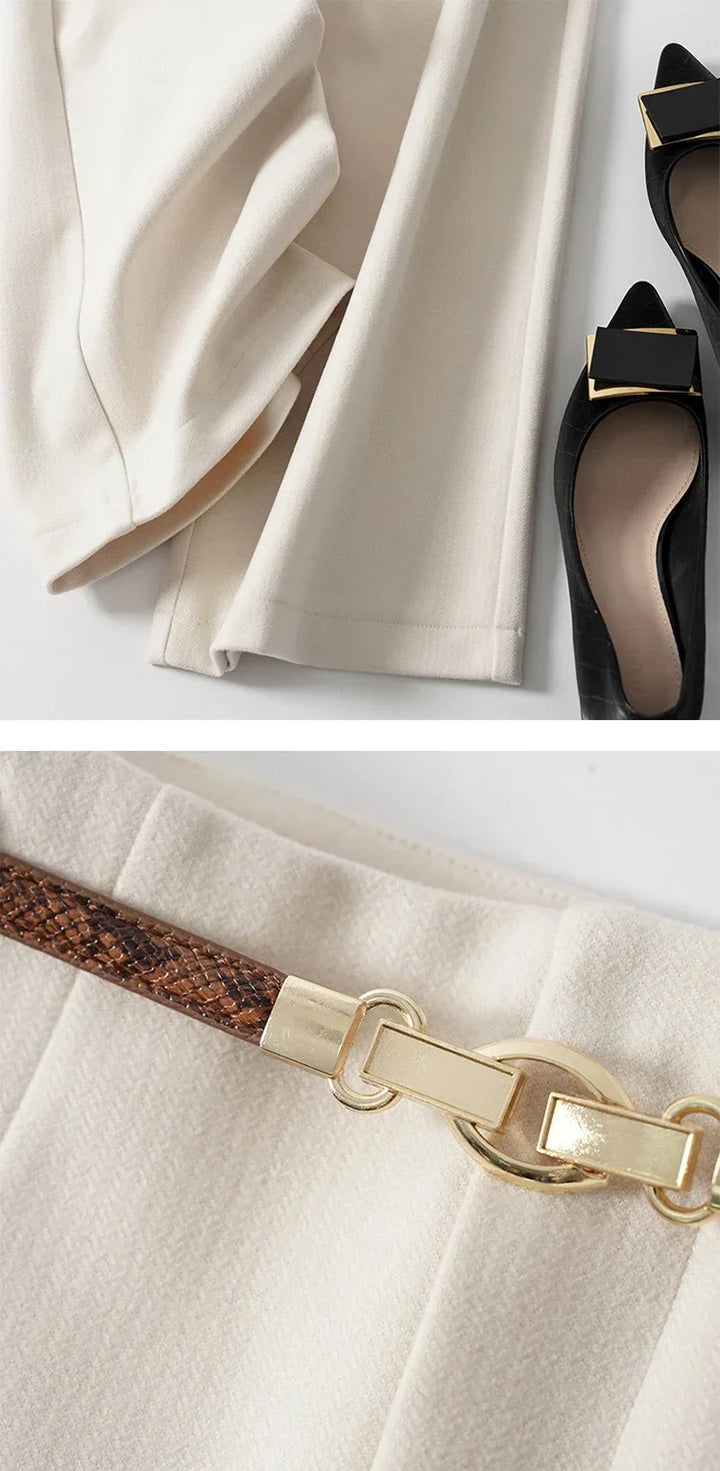 From above, women's wide-leg wool blend trousers, showing the expansive leg width and high waist