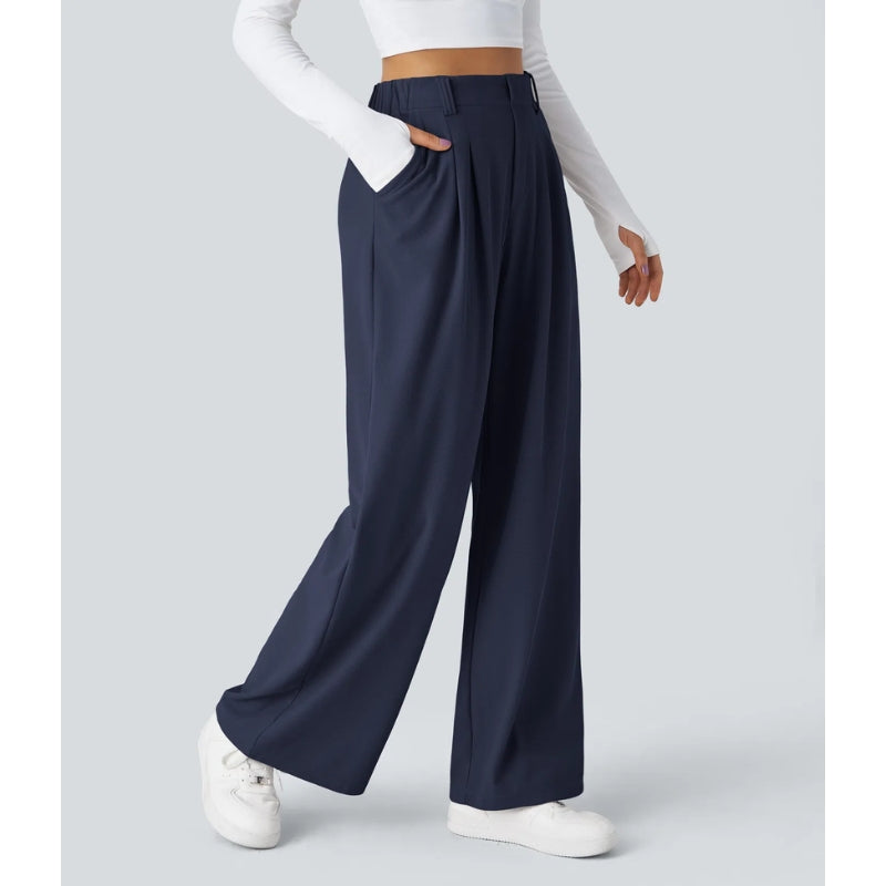 Texture of the soft waffle knit fabric on women's stretch wide leg high waisted casual pants