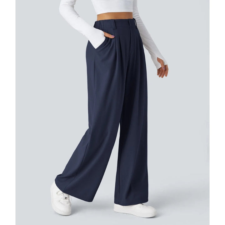 Texture of the soft waffle knit fabric on women's stretch wide leg high waisted casual pants