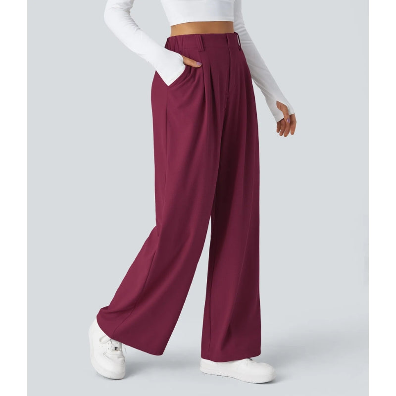 Back view of women's high waisted waffle knit wide leg pants, showing the relaxed comfortable fit
