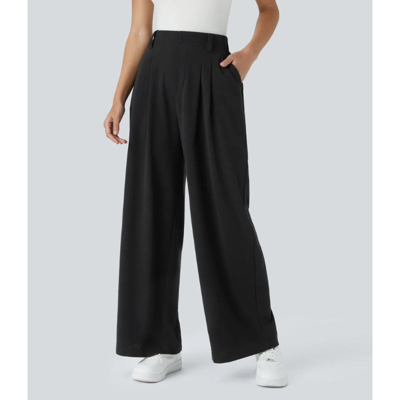 Side view of women's comfortable waffle knit wide leg pants, highlighting the high waist fit
