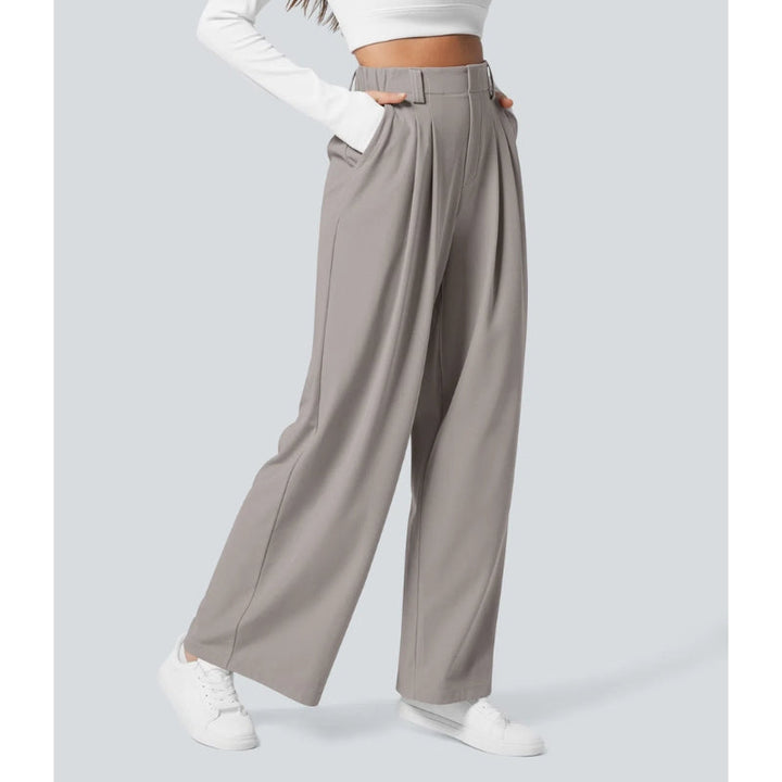 Detail of the comfortable waistband on women's high waisted waffle knit wide leg lounge pants