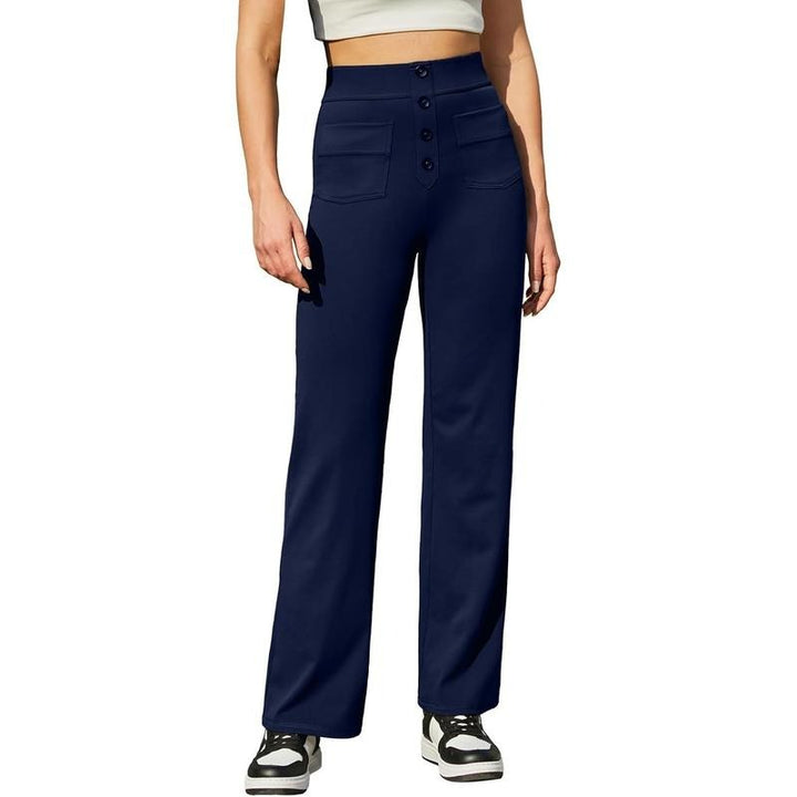 Front view of women's dress pants, high-waisted and wide-leg cut with decorative buttons, casual chic style