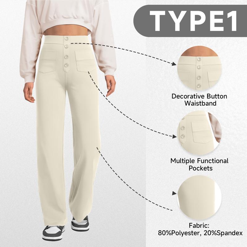 Close-up of the button detail on women's high-waisted wide-leg dress pants, showcasing quality and style