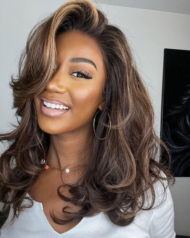 Women's highlighted lace front wig: natural wave, dark brown with blonde accents, 100% human hair.