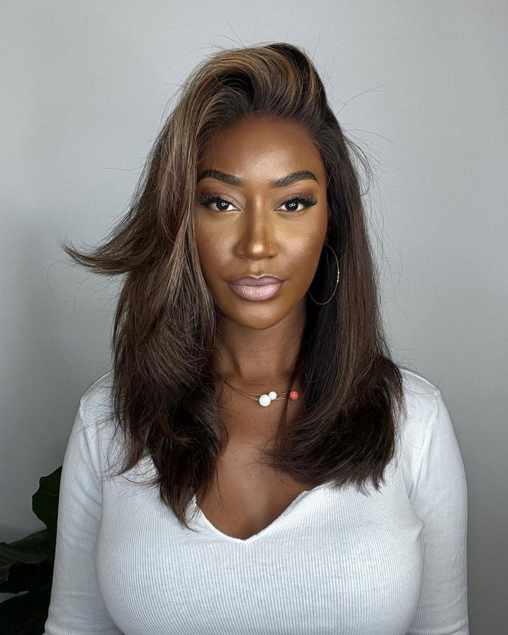 Brunette women's wig with blonde highlights, natural wave, comfortable lace front. Virgin hair look.