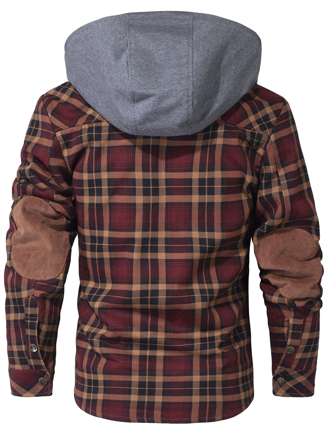 Flat lay of a women's hooded flannel jacket, displaying its design and warm faux fur interior
