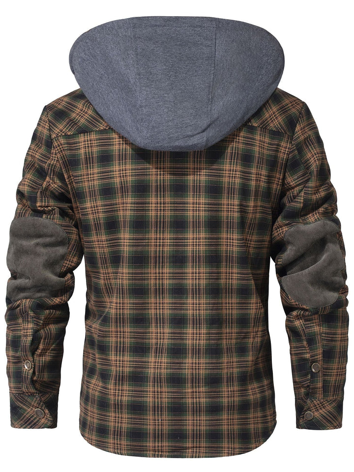 Studio shot of a women's hooded flannel jacket, showcasing its color and texture against a neutral background
