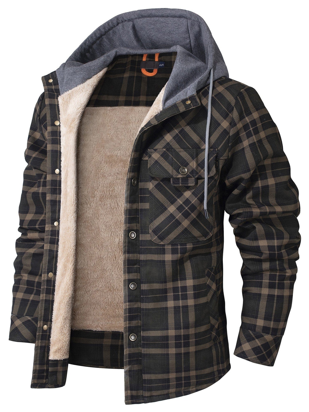 Close-up of the soft faux fur lining inside a women's flannel hooded jacket, highlighting texture