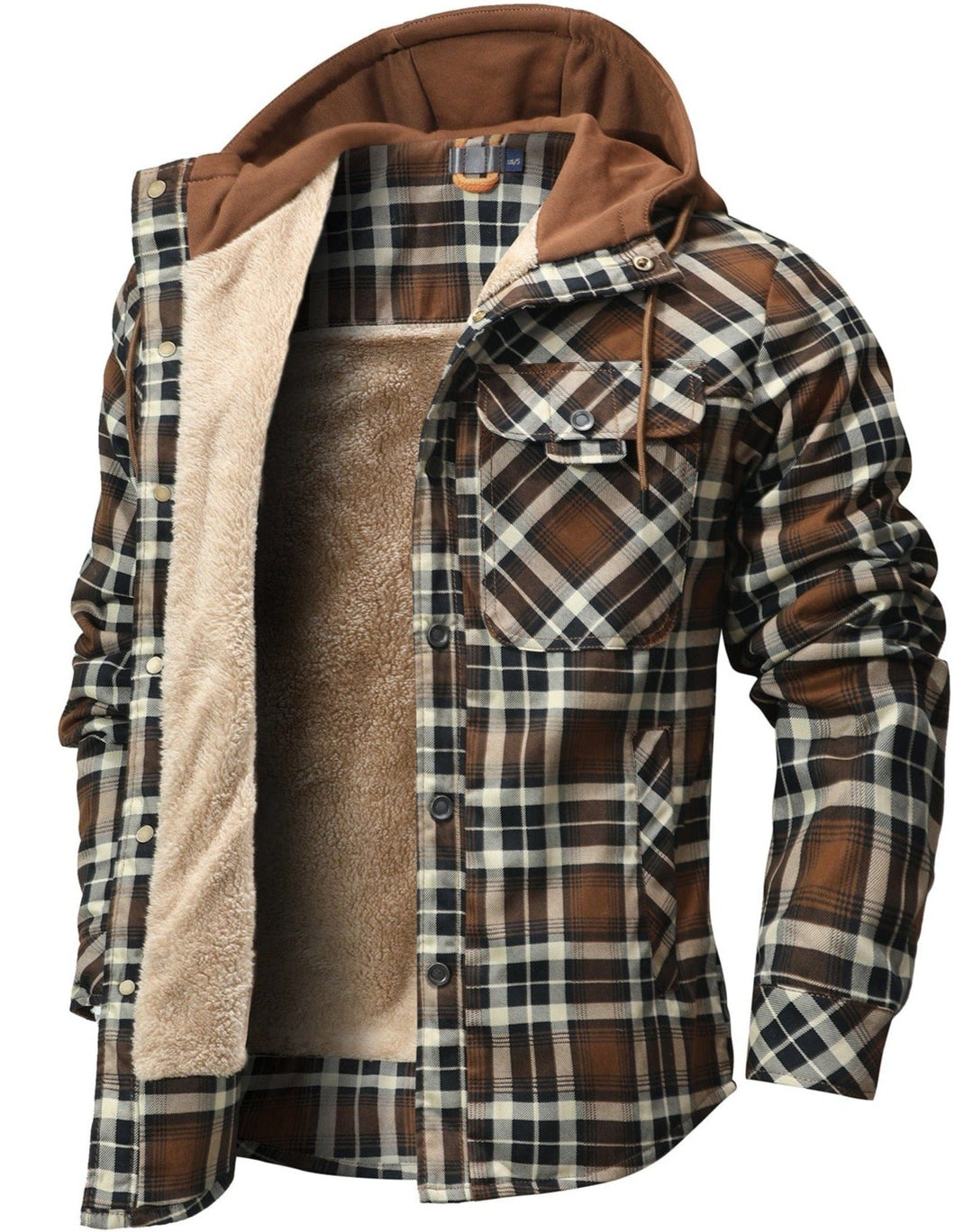 Detail of the hood on a women's flannel jacket, showing the thick faux fur trim and drawstring