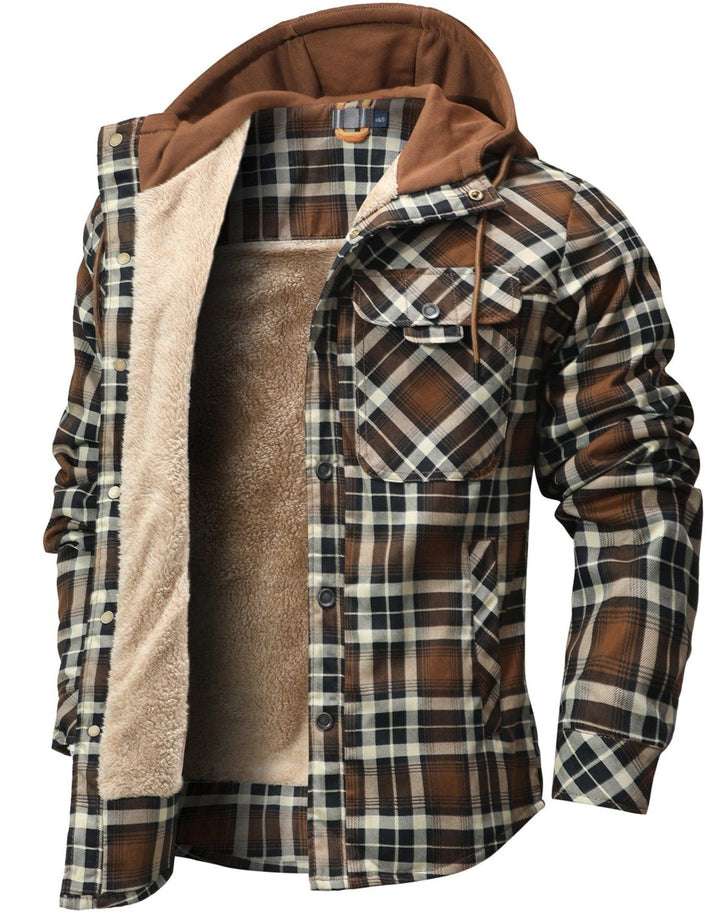 Detail of the hood on a women's flannel jacket, showing the thick faux fur trim and drawstring