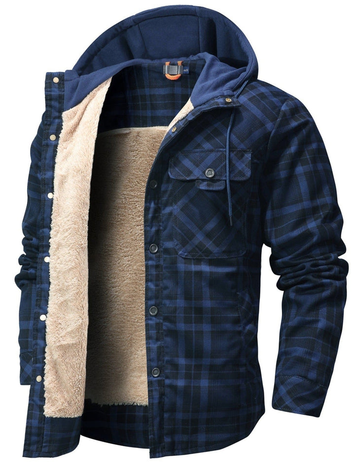 Back view of the women's casual flannel jacket with hood, ideal winter outerwear