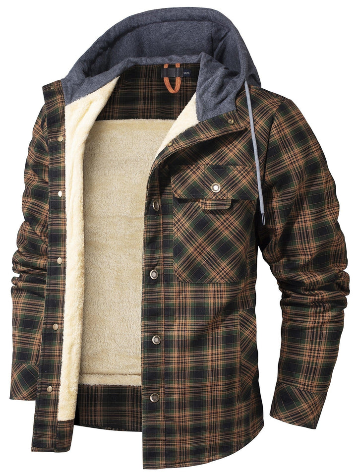 Image of the zipper and buttons closure on a women's hooded flannel jacket, security and style