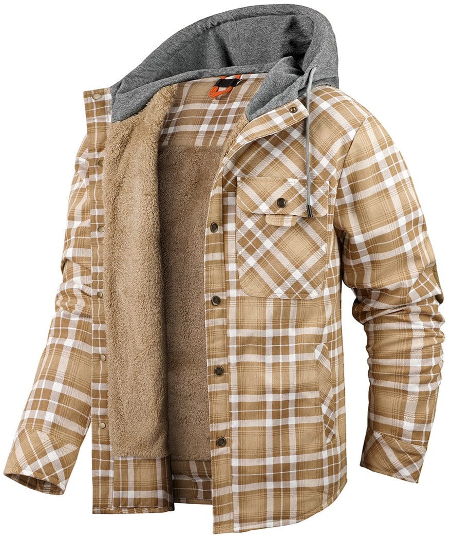 Texture shot of the flannel fabric on a women's jacket, emphasizing its quality and pattern