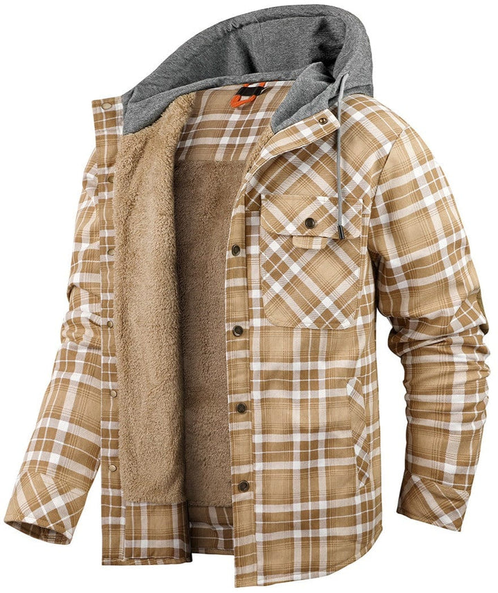 Texture shot of the flannel fabric on a women's jacket, emphasizing its quality and pattern
