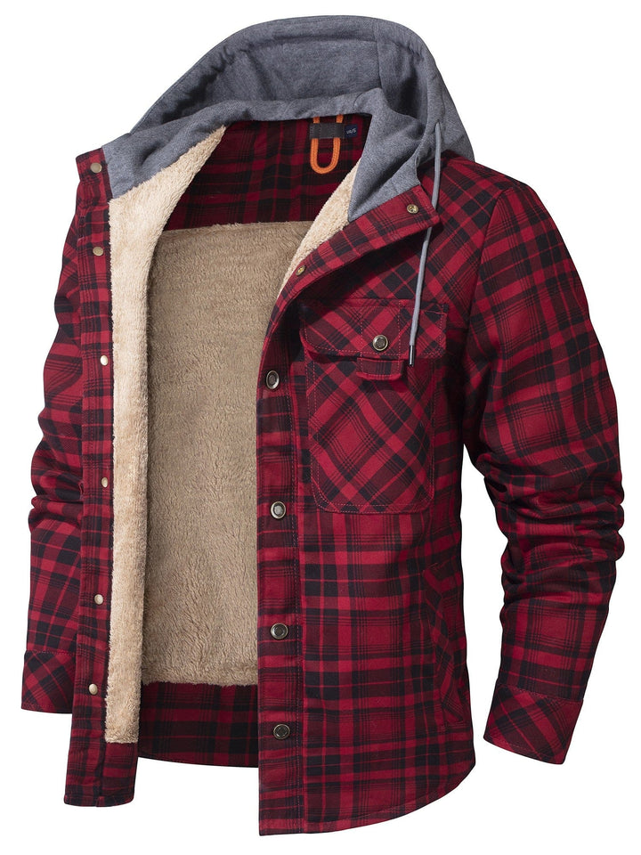 Women's hooded flannel jacket in blue plaid with faux fur lining, a stylish and warm winter coat