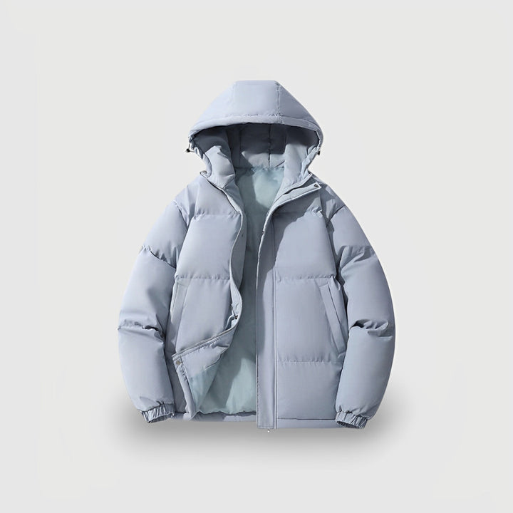 Rear view of a stylish women's warm puffer jacket with hood, perfect for winter outerwear.