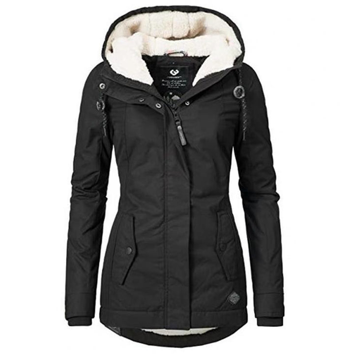 Women's insulated fur-lined winter parka, black, with hood, warm and windproof outerwear.