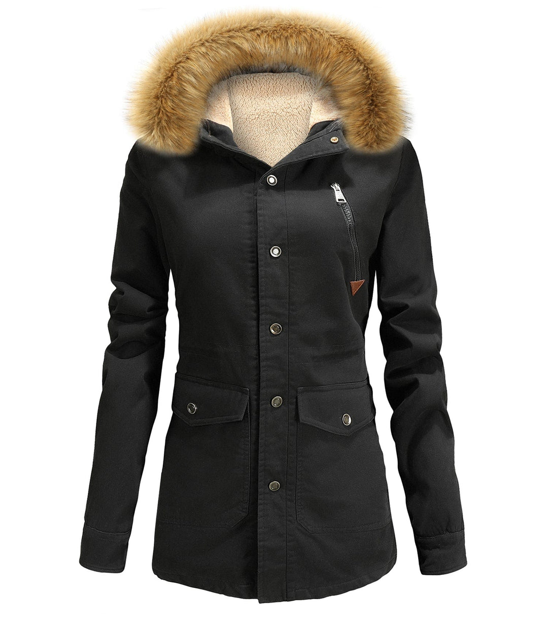 Women's insulated hooded winter parka, charcoal grey, faux fur hood
