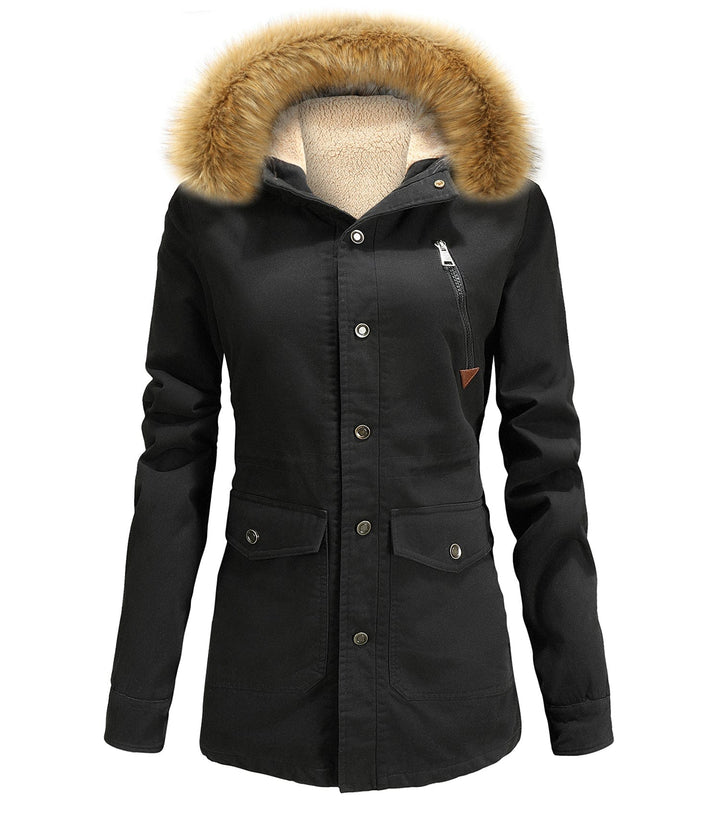 Women's insulated hooded winter parka, charcoal grey, faux fur hood