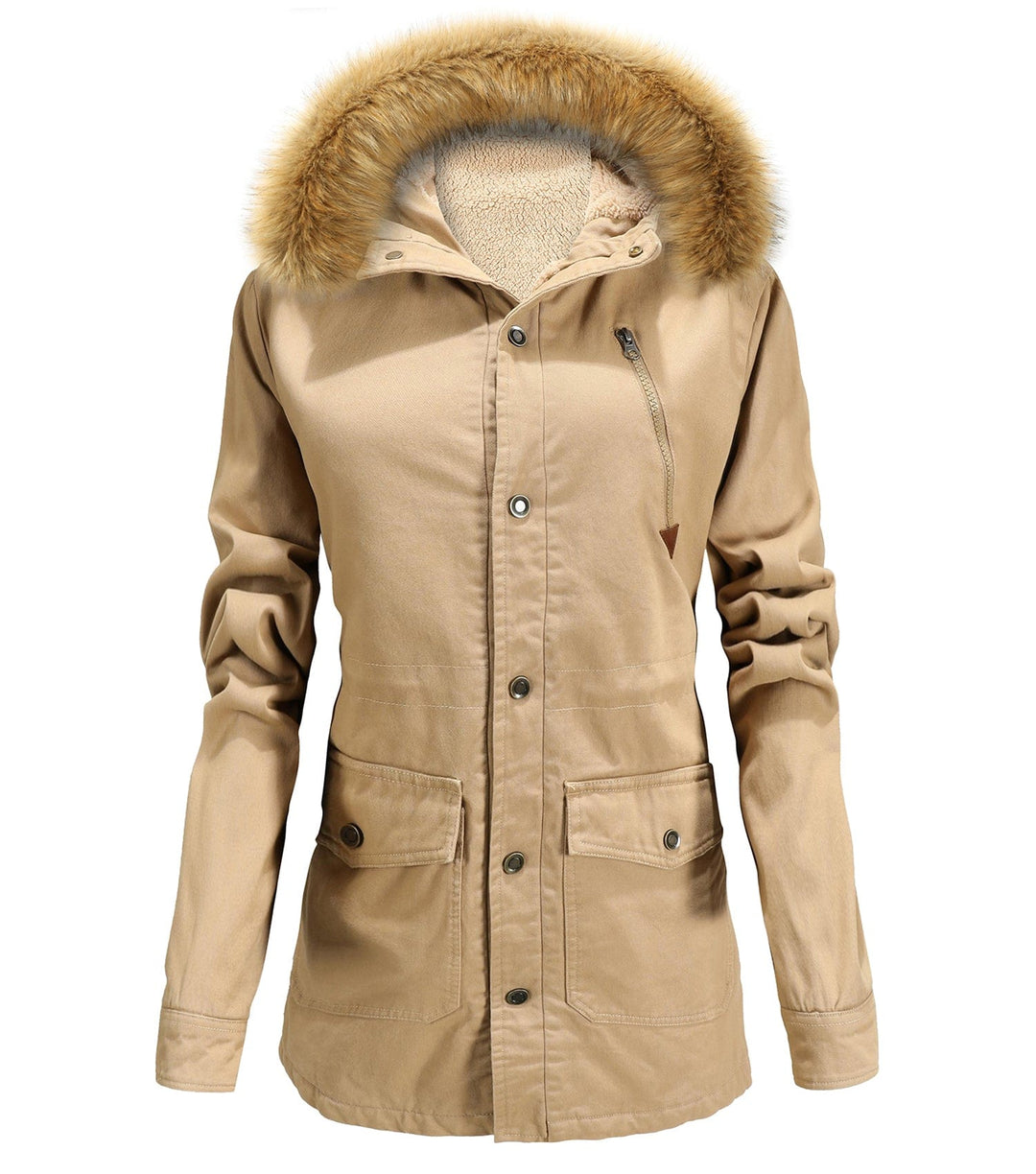 Warm women's winter parka with synthetic insulation and detachable hood