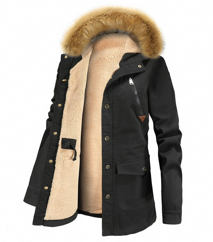 Close-up of women's hooded parka, focusing on durable outer fabric texture