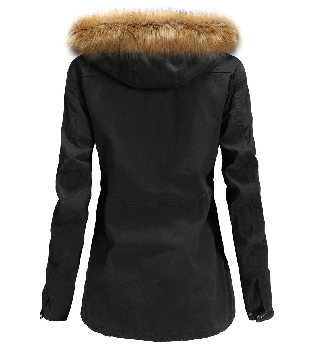 Women's long winter coat, insulated hooded parka with zipper and button closure