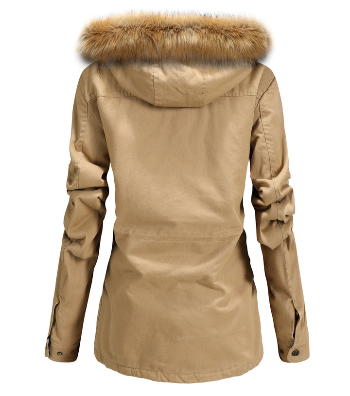 Comfortable women's cold-weather parka, hooded and insulated for warmth