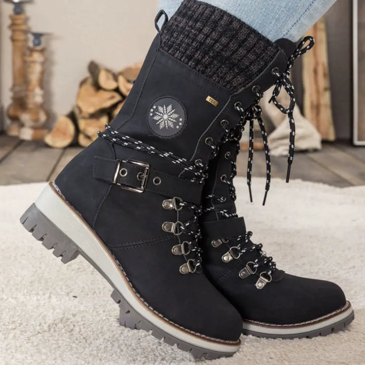 Women's insulated waterproof snow boots for cold weather, front view, black