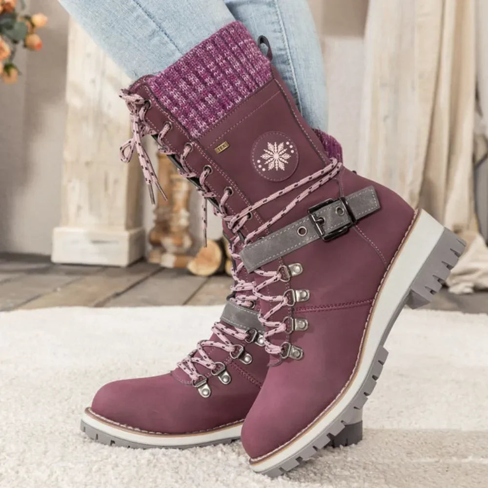 Stylish women's cold weather boots, insulated and waterproof, with faux fur trim
