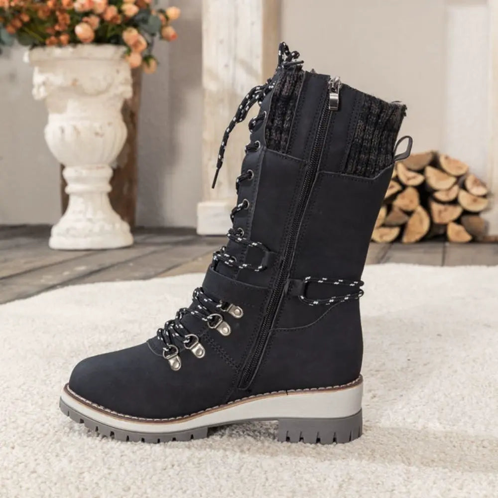 Women's waterproof snow boots, insulated, lace-up design, side view, brown