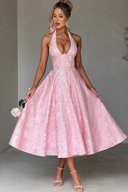Women's jacquard halterneck tea-length A-line dress, perfect for homecoming or formal events.