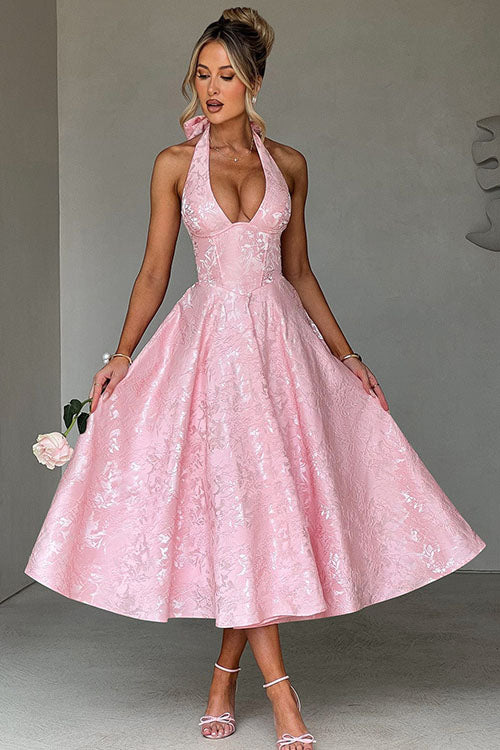 Cocktail party dress, women's jacquard tea-length A-line, with a chic halterneck design.