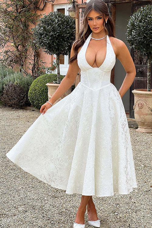 Women's special occasion jacquard tea-length dress, A-line silhouette & elegant halterneck.