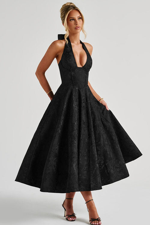 Halterneck A-line tea-length homecoming dress in patterned jacquard fabric for women.