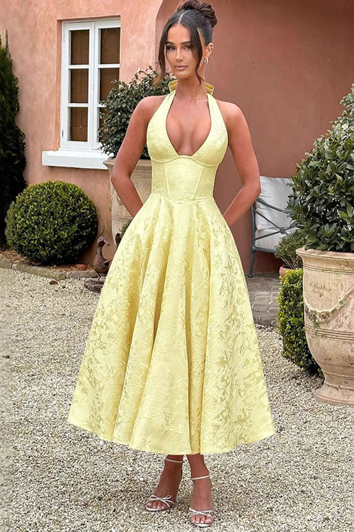 Elegant jacquard tea-length A-line dress, women's halterneck for homecoming & special events.