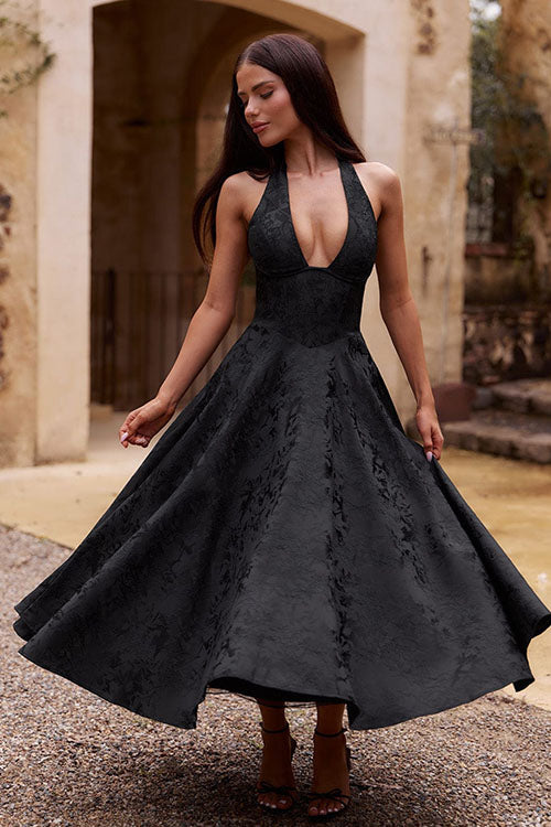 Women's prom jacquard halterneck tea-length dress, A-line silhouette for a sophisticated look.