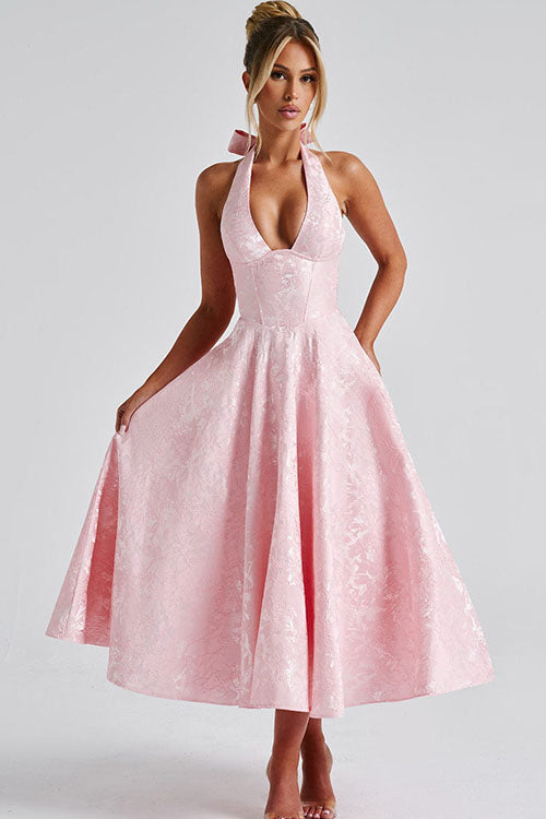 Beautiful jacquard A-line tea-length homecoming dress, elegant halterneck for women.