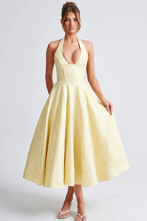 Women's formal tea-length jacquard dress, A-line cut, with a striking halterneck for events.