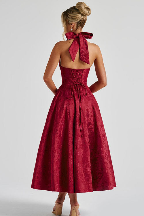 Women's party dress, jacquard A-line tea-length with elegant halterneck for special nights.