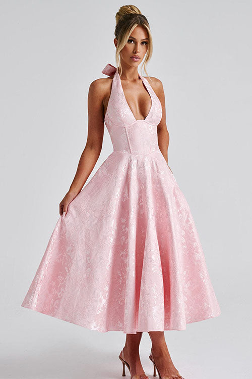 Elegant women's jacquard halterneck A-line dress, tea-length for prom & formal occasions.