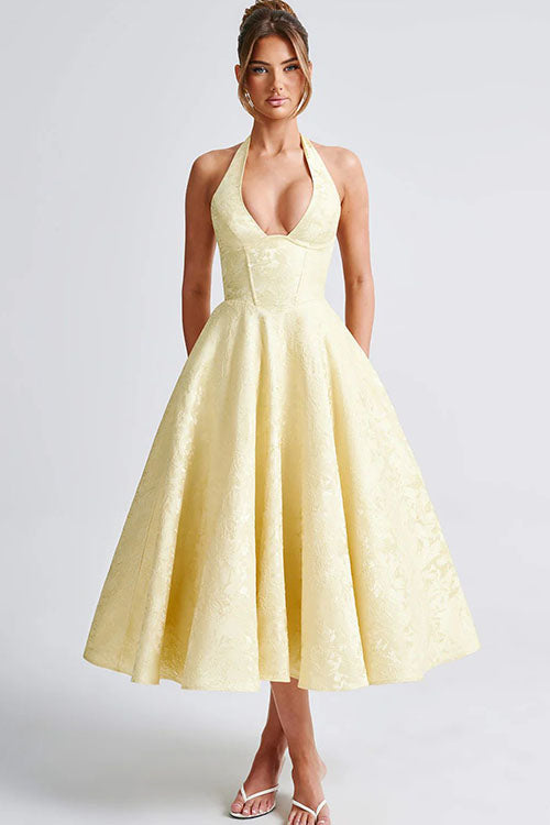 Formal A-line tea-length dress, women's jacquard halterneck, perfect for evening events.
