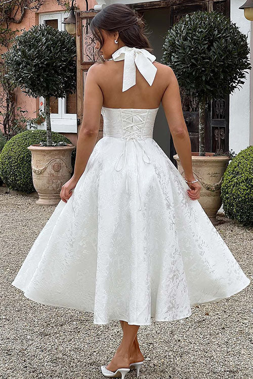 Women's homecoming dress, jacquard tea-length A-line, with a chic halterneck and elegant style.