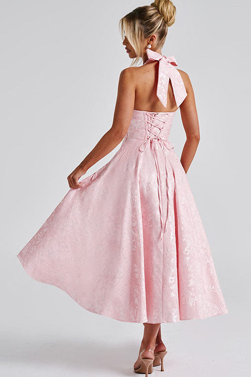 Elegant women's tea-length jacquard A-line dress, a stunning halterneck for formal wear.