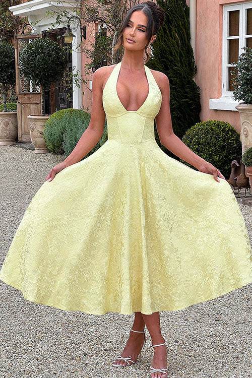 Women's special occasion dress, jacquard tea-length A-line, with a sophisticated halterneck.