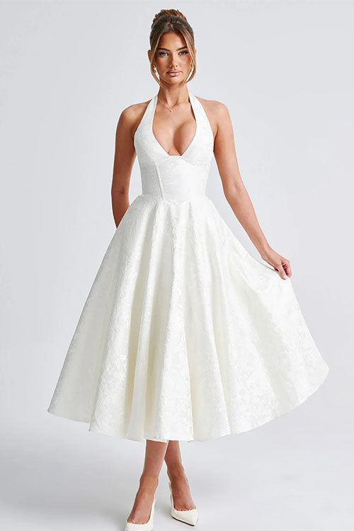 Formal cocktail dress, women's jacquard halterneck, tea-length A-line for special evenings.