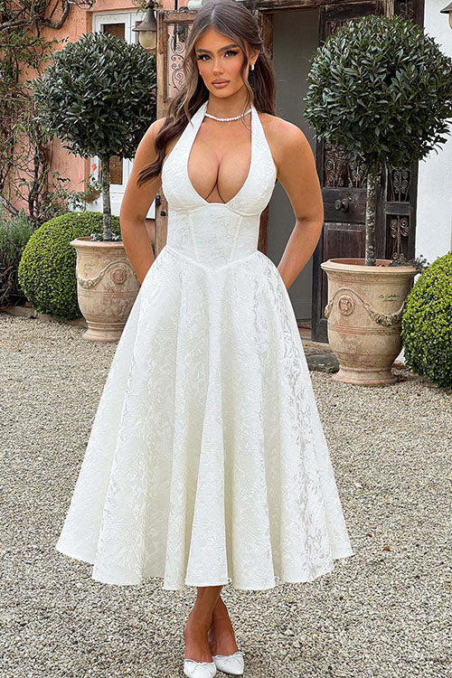 Women's prom A-line tea-length dress, jacquard fabric, with a stylish halterneck design.