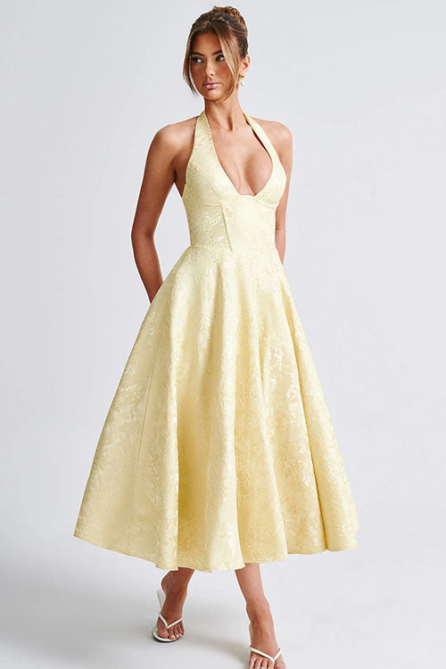Women's formal jacquard tea-length A-line dress, with a sophisticated halterneck, for events.