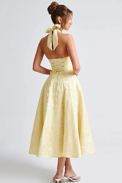 Halterneck tea-length jacquard dress, women's A-line silhouette, ideal for special occasions.